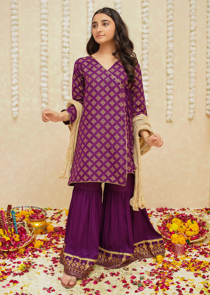 Purple Anghrakha Style 3 Piece Suit for Girls