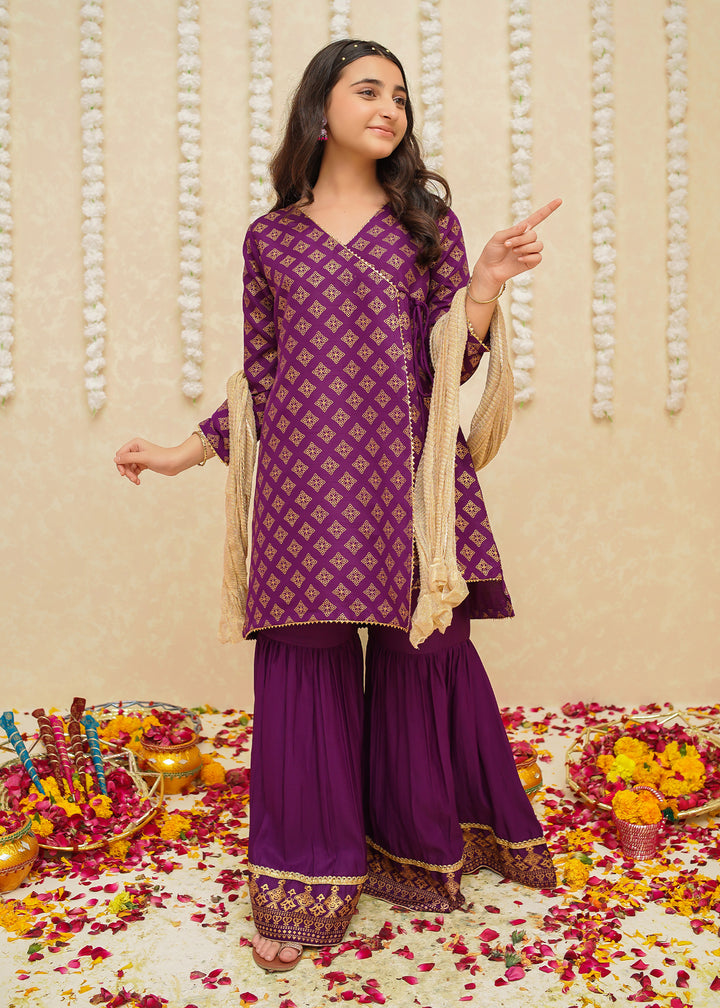 Purple Anghrakha Style 3 Piece Suit for Girls