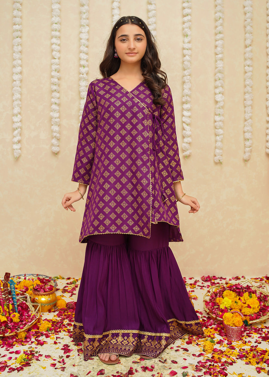 Purple Anghrakha Style 3 Piece Suit for Girls