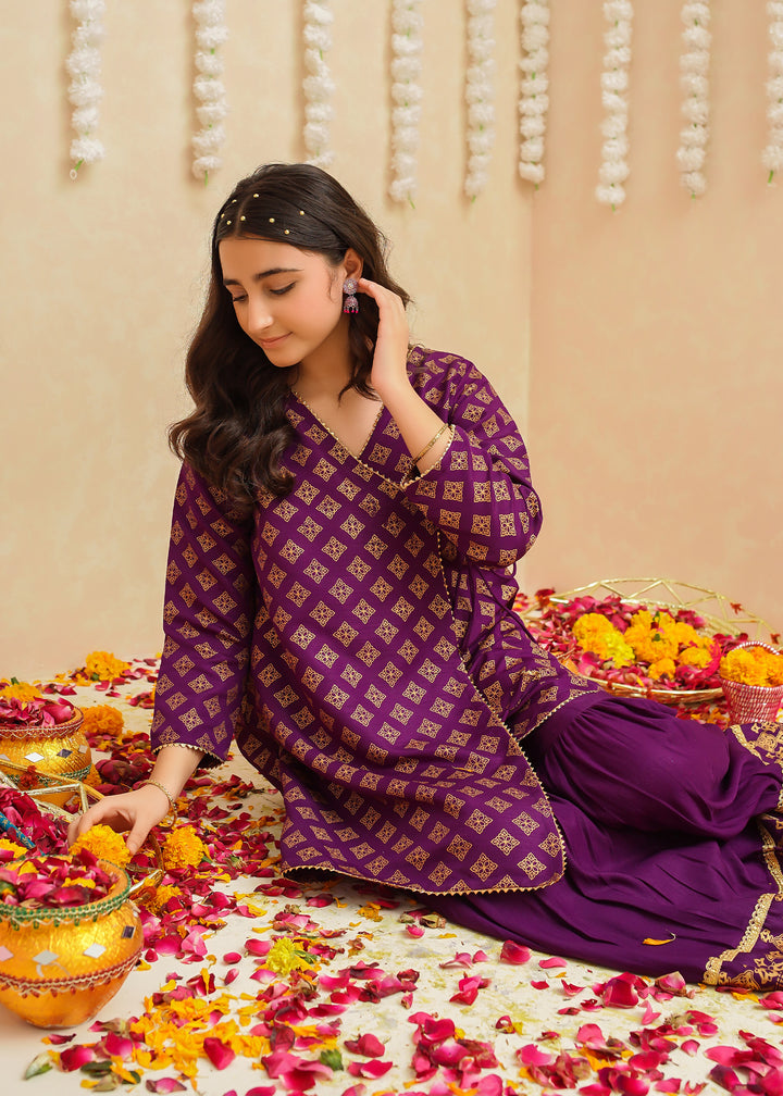 Purple Anghrakha Style 3 Piece Suit for Girls