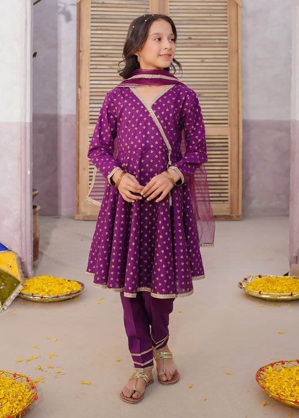 3 Piece Purple Cotton Printed Suit