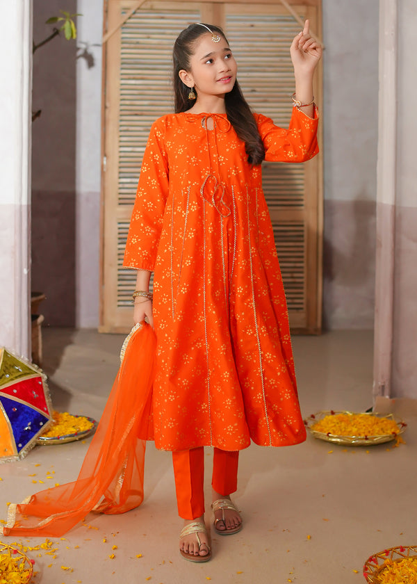 3 Piece Orange Printed Cotton Suit