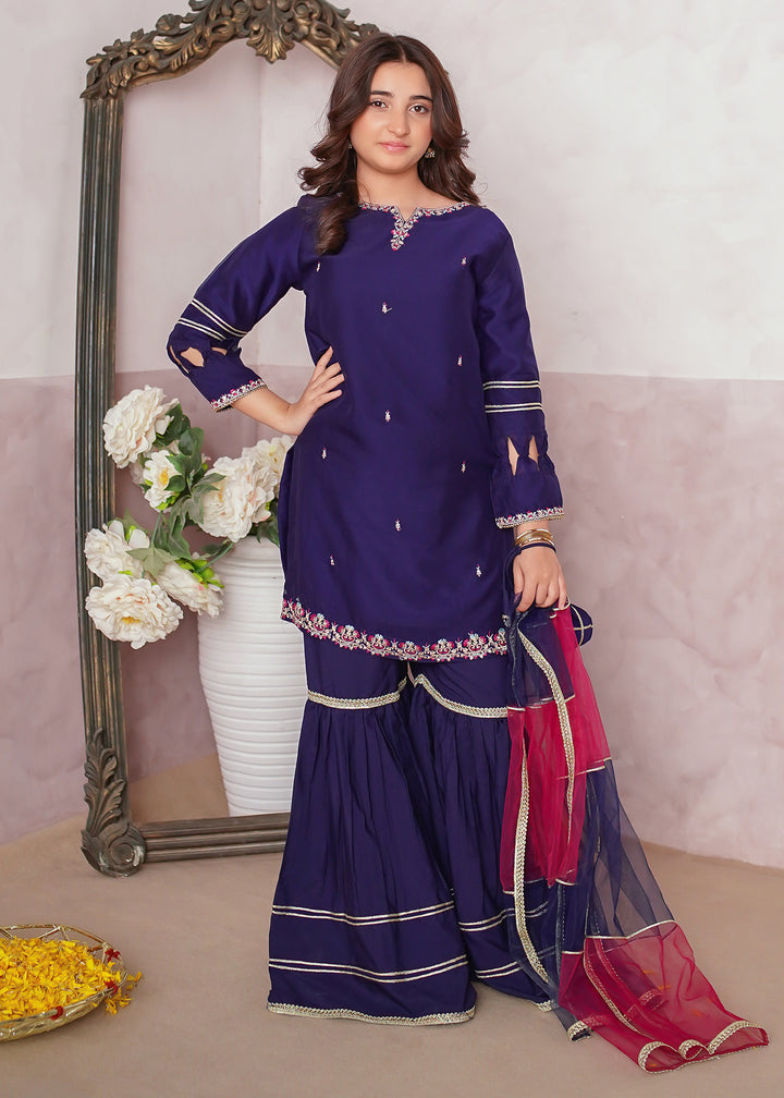 Girls Blue Embroidered Gharara