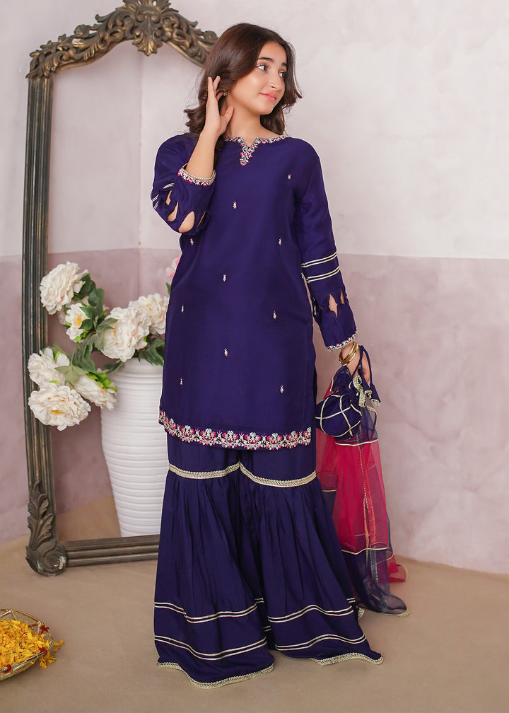 Girls Blue Embroidered Gharara