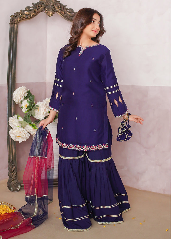 Girls Blue Embroidered Gharara