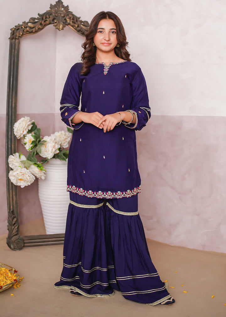 Girls Blue Embroidered Gharara