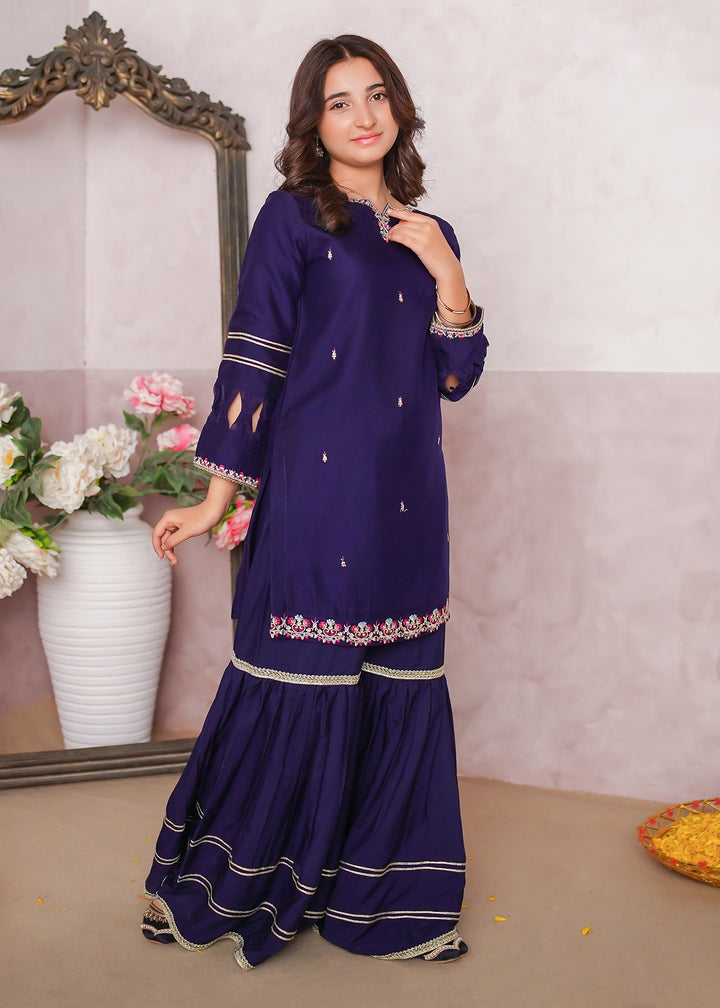 Girls Blue Embroidered Gharara