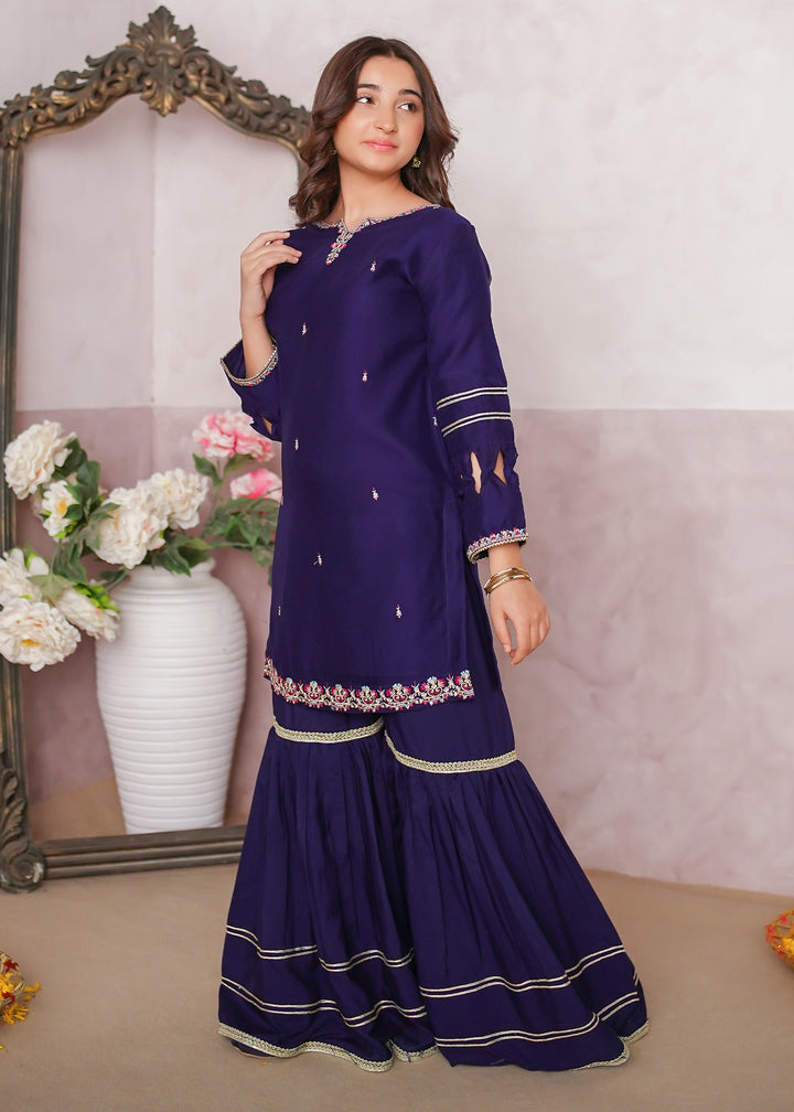 Girls Blue Embroidered Gharara