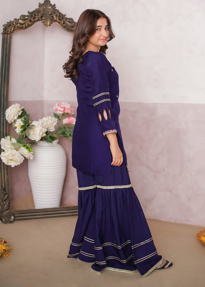 Girls Blue Embroidered Gharara