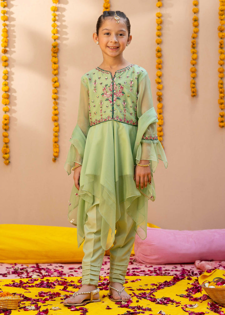 Green Chiffon Embroidered 3 Piece Suit For Girls