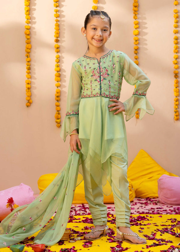 Green Chiffon Embroidered 3 Piece Suit For Girls