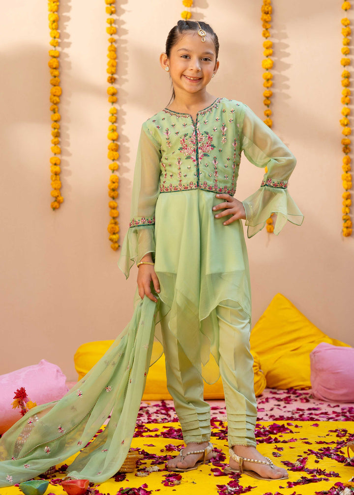 Green Chiffon Embroidered 3 Piece Suit For Girls