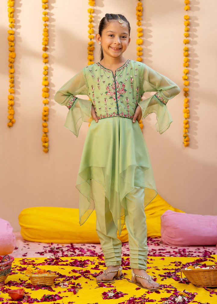 Green Chiffon Embroidered 3 Piece Suit For Girls