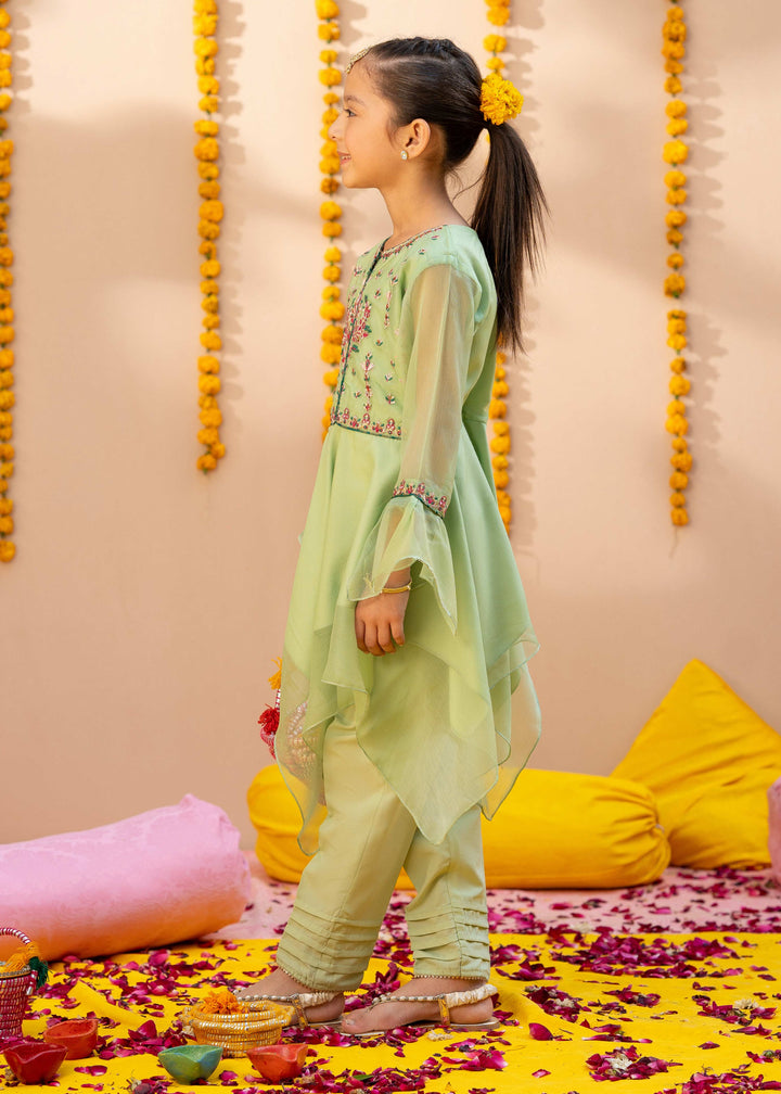 Green Chiffon Embroidered 3 Piece Suit For Girls