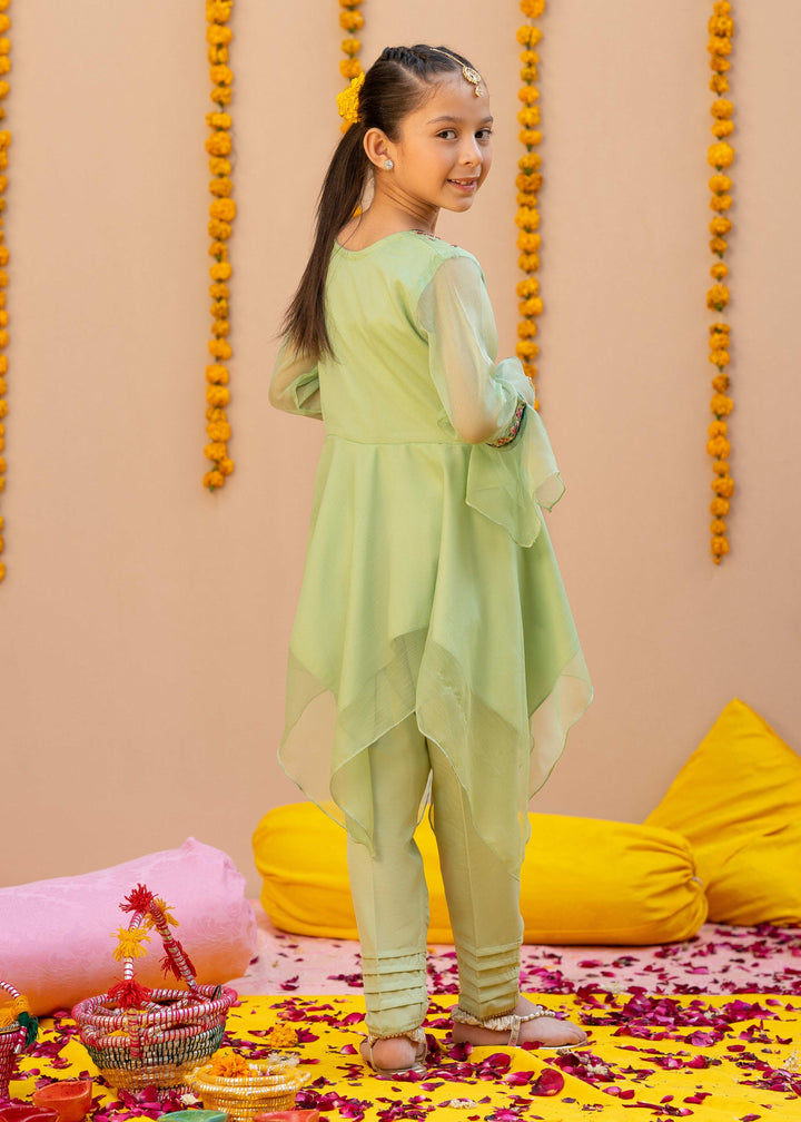 Green Chiffon Embroidered 3 Piece Suit For Girls