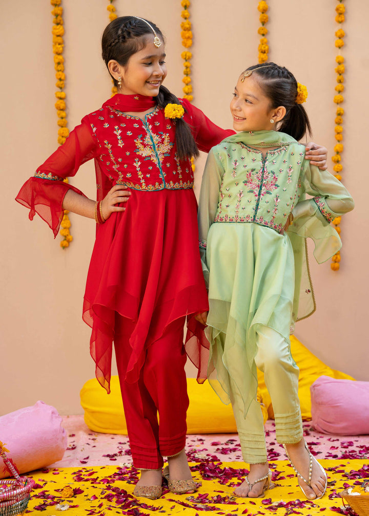 Green Chiffon Embroidered 3 Piece Suit For Girls