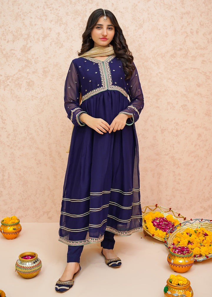 Festive Chiffon Blue 3 Piece Outfit for Girls