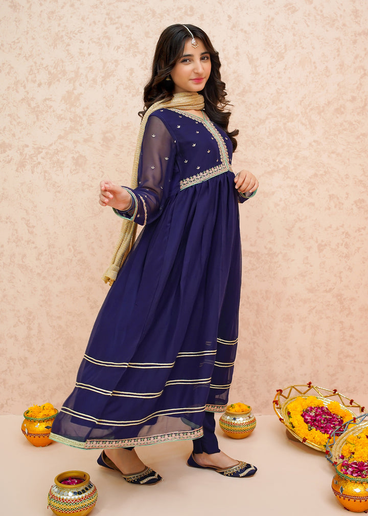 Festive Chiffon Blue 3 Piece Outfit for Girls