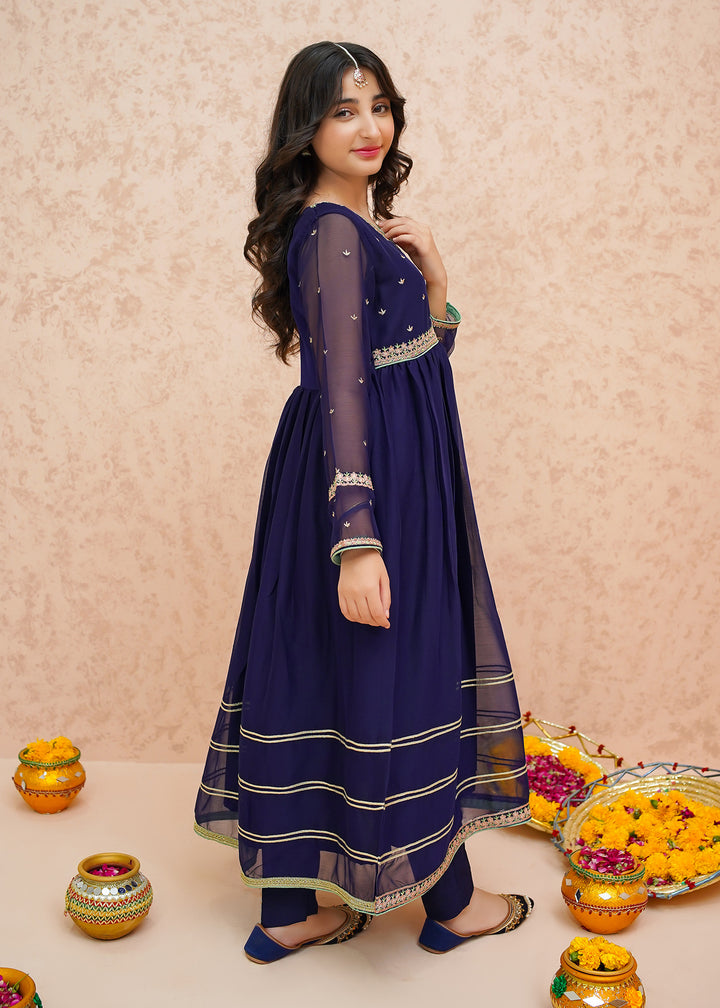 Festive Chiffon Blue 3 Piece Outfit for Girls