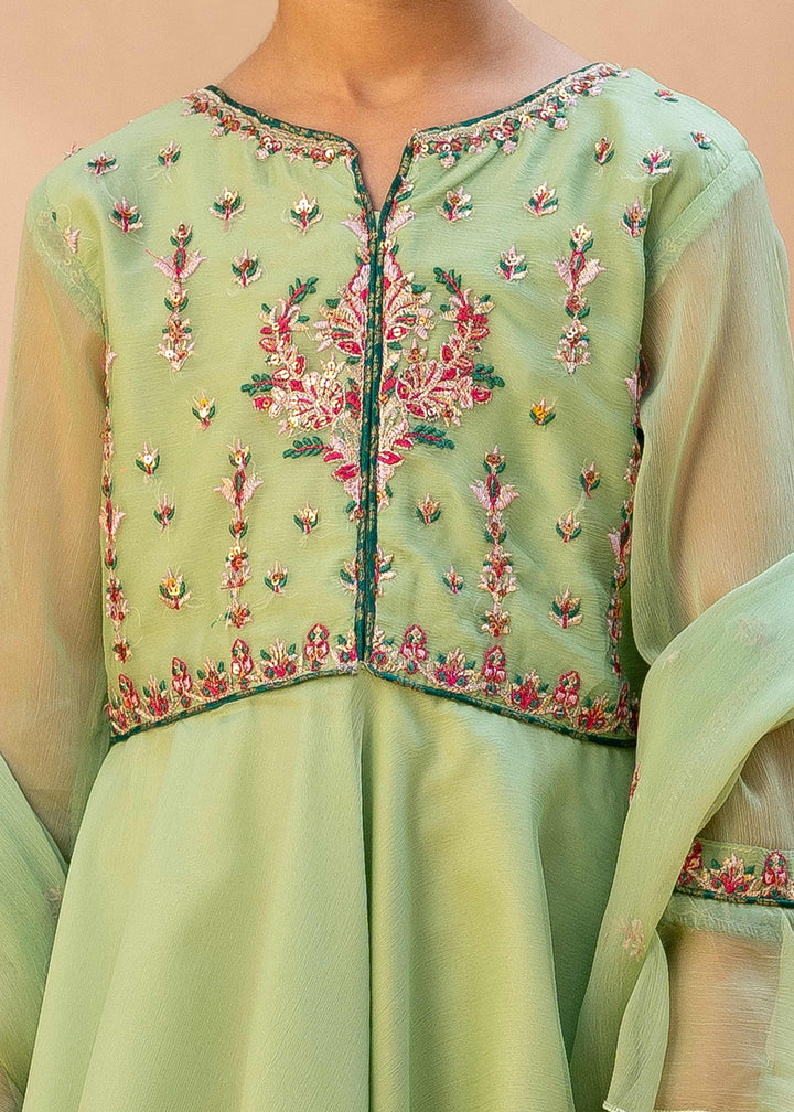 Green Chiffon Embroidered 3 Piece Suit For Girls