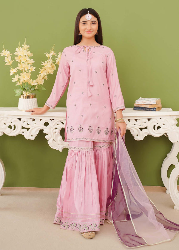 3 Piece Rawsilk Embroidered Pink Gharara