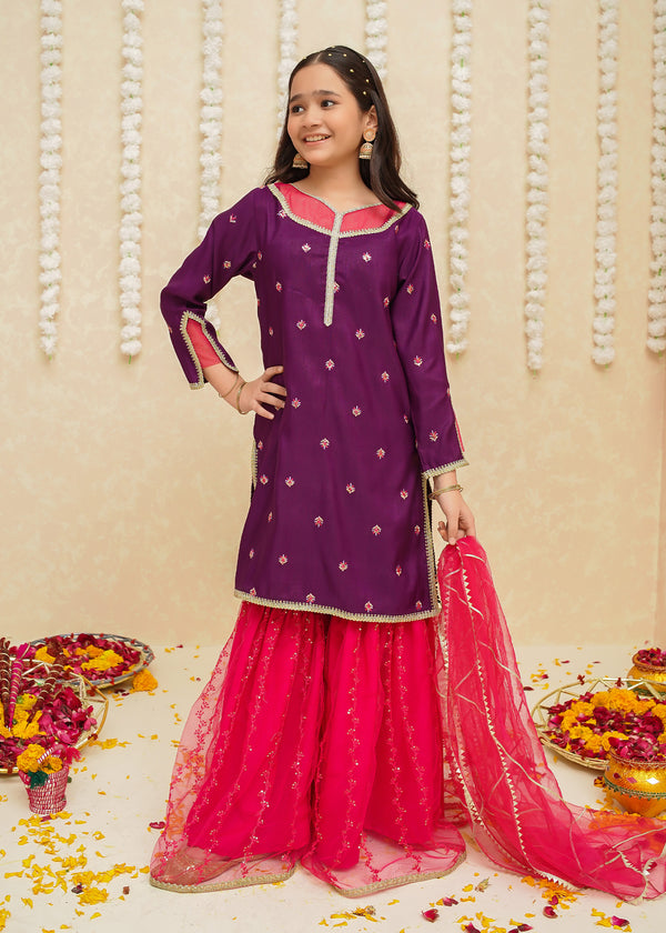 Girls 3 Piece Rawsilk Gharara | 8925