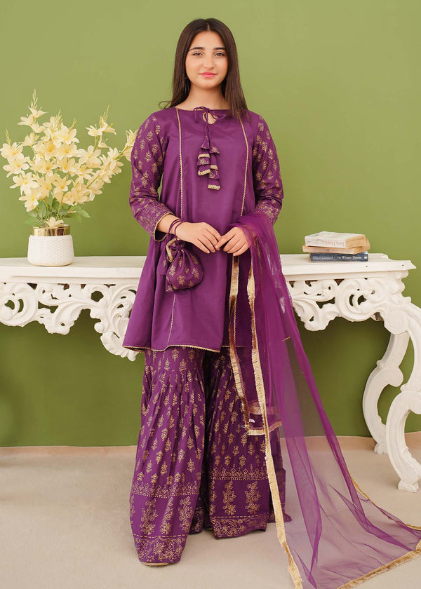3 Piece Purple Printed Cotton Gharara