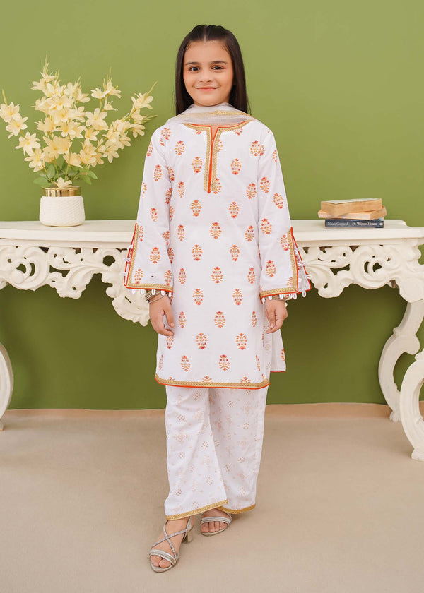 3 Piece Printed White Cotton Suit