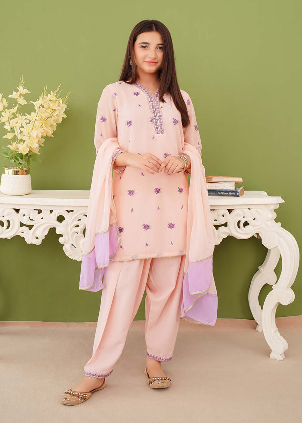 3 Piece Peach Chiffon Embroidered Suit