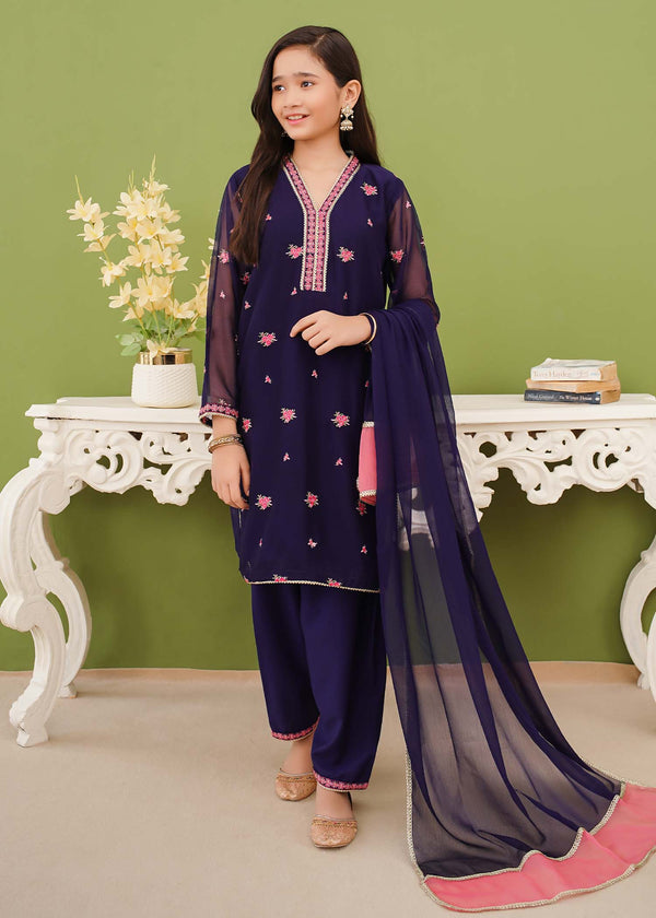 3 Piece Embroidered Blue Chiffon Suit