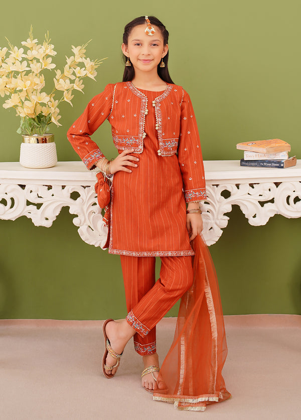 Girls Brown Embroidered Khaddar Suit
