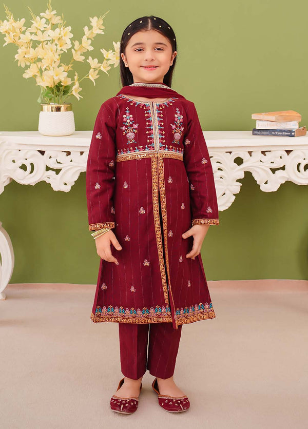 3 Piece Embroidered Maroon Khaddar Suit