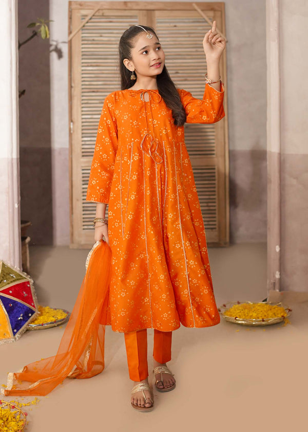 3 Piece Orange Printed Cotton Suit