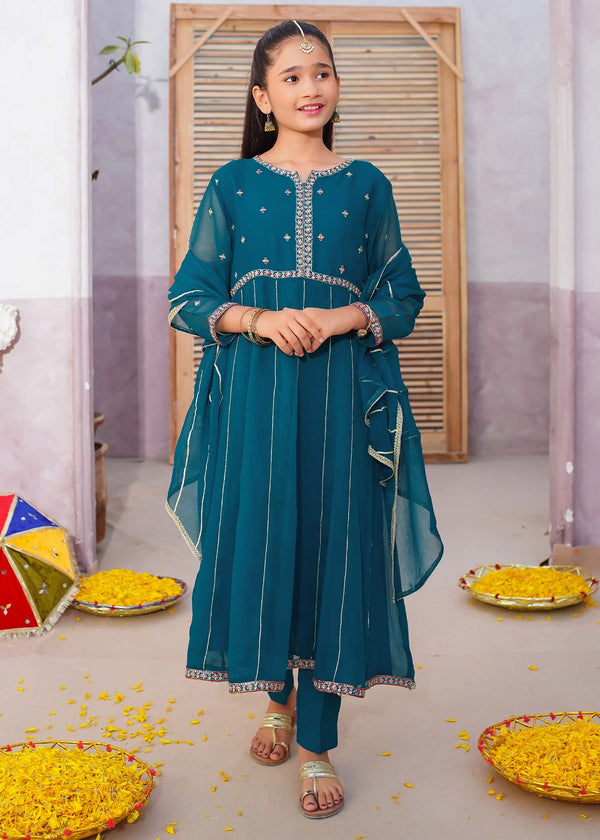 3 Piece Green Chiffon Embroidered Suit
