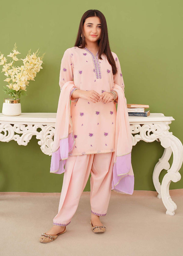 3 Piece Peach Chiffon Embroidered Suit