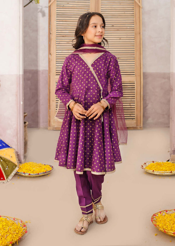 3 Piece Purple Cotton Printed Suit