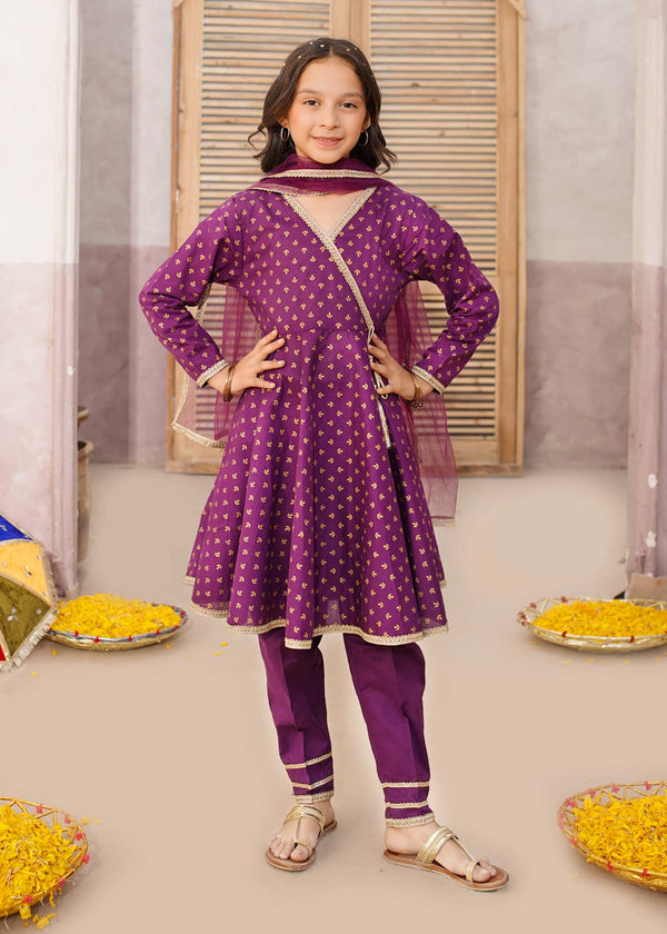 3 Piece Purple Cotton Printed Suit