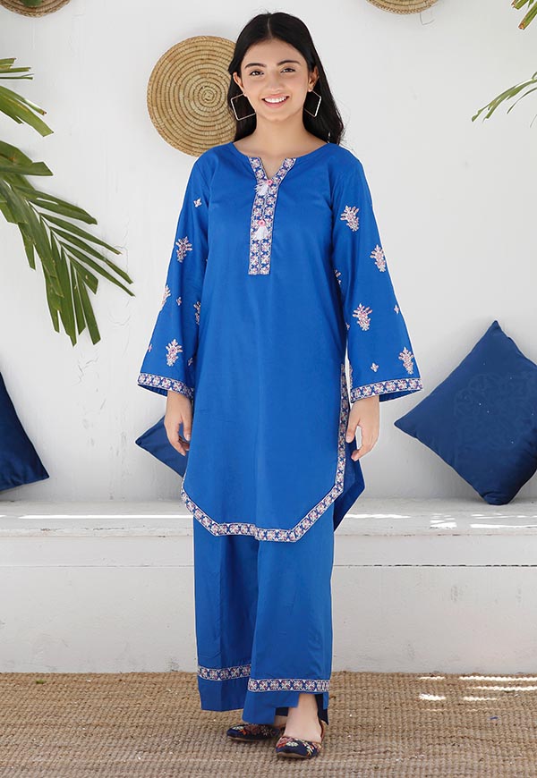 Blue Embroidered 2 Piece Suit