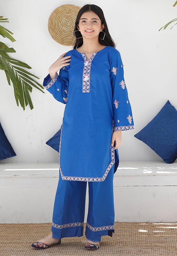 Blue Embroidered 2 Piece Suit