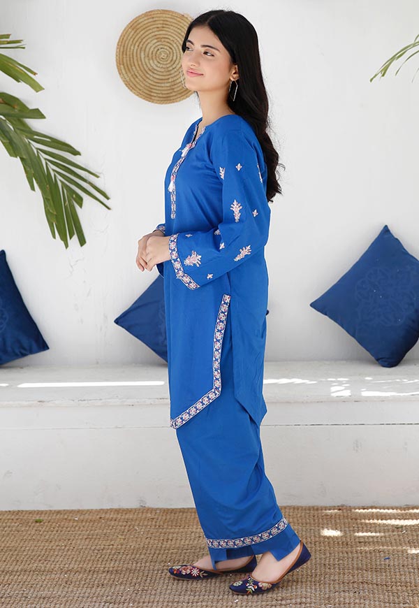 Blue Embroidered 2 Piece Suit