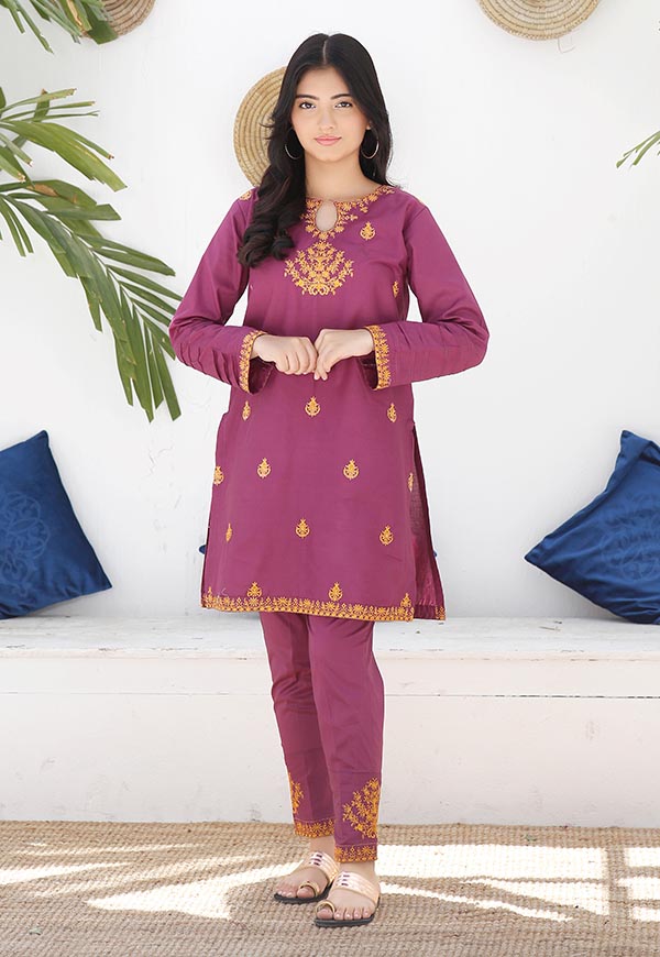 embroidered purple cotton lawn