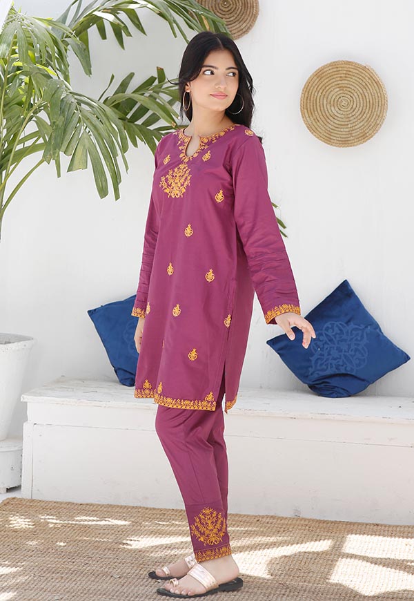 embroidered purple cotton lawn