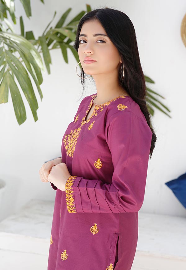 embroidered purple cotton lawn