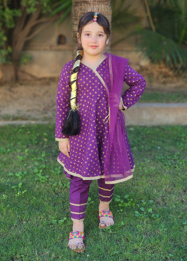 3 Piece Purple Cotton Printed Suit