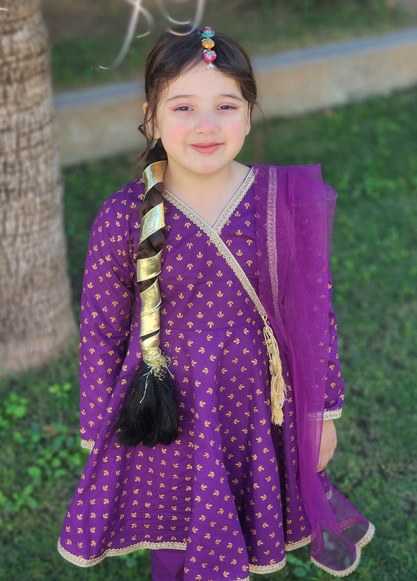 3 Piece Purple Cotton Printed Suit