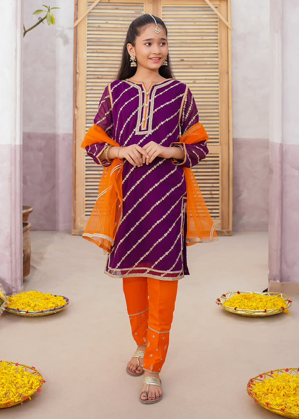 3 Piece Embroidered Chiffon Purple Suit