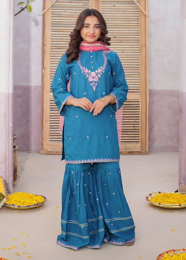 3 Piece Rawsilk Embroidered Gharara