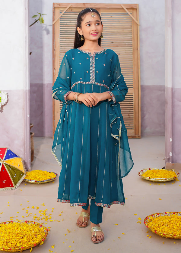 3 Piece Green Crinkle Embroidered Suit