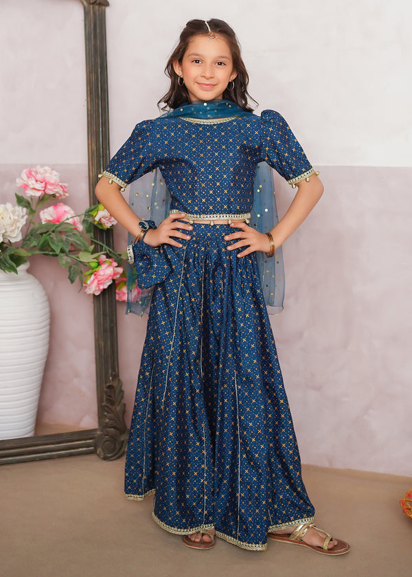 Printed Rawsilk Blue Lehenga