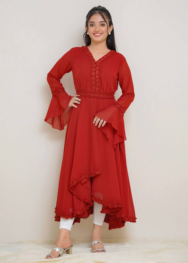 womens maroon chiffon frock